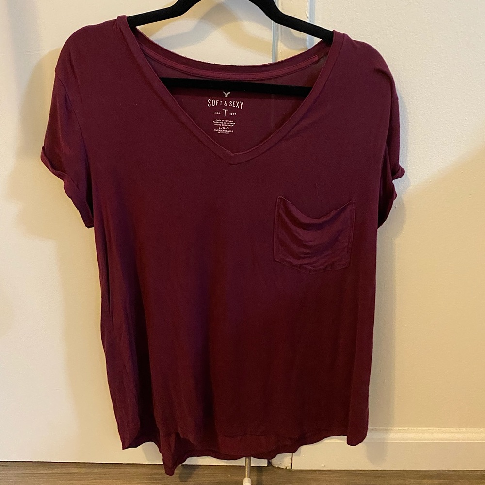 American Eagle Maroon T-Shirt, Size: L